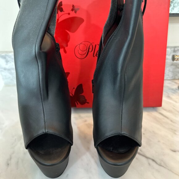 Pleaser Heels, Aspire-1018, womens shoes, flat black, faux leather, back laced, - Picture 3 of 6